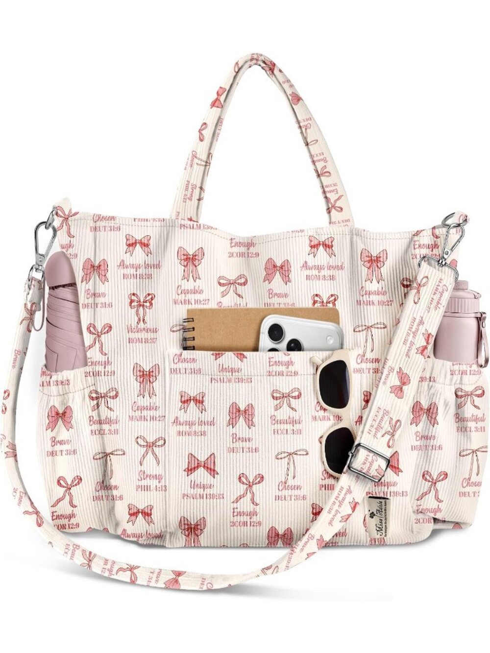 Women's Bible Bowknot Corduroy Crossbody Tote Multi Pocket Travel Bag